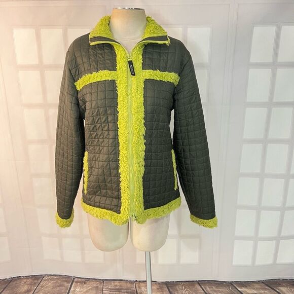 Athleta Green Quilted Fur Trim Zip Up Collared Puffer Jacket Size Small - Picture 1 of 10